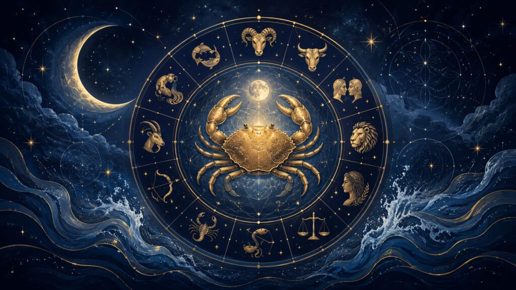 Cangrejo dorado de Cáncer en el centro de una rueda zodiacal con los 12 signos del zodiaco sobre fondo de cielo estrellado.