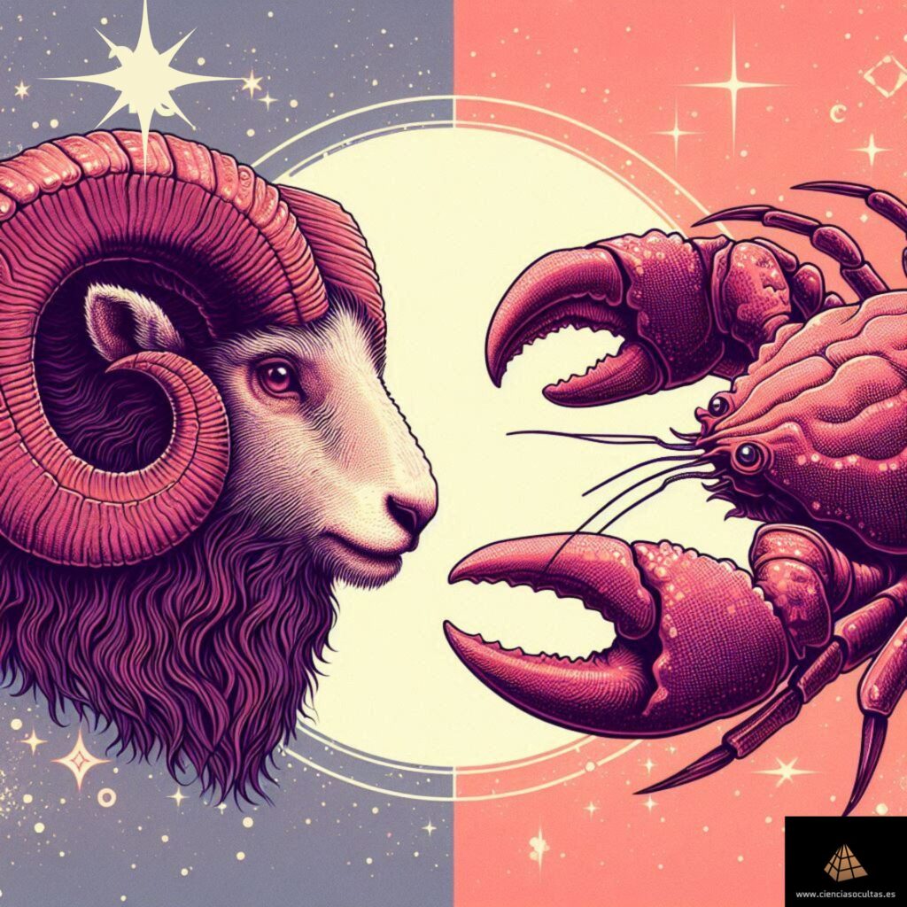 Ilustración en la que aparece a la izquierda el carnero, que representa al signo Zodiacal Aries y la derecha el cangrejo, que representa al signo zodiacal Cáncer.