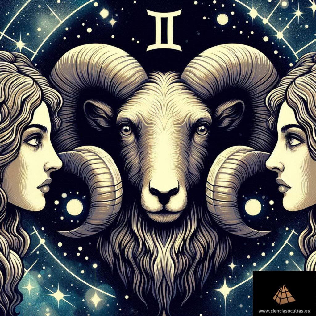 Una ilustración que representa a Aries ascendente Géminis con un fondo estrellado. Aries está representado por el carnero en el centro y las gemelas que representan a Géminis se sitúan a los lados.