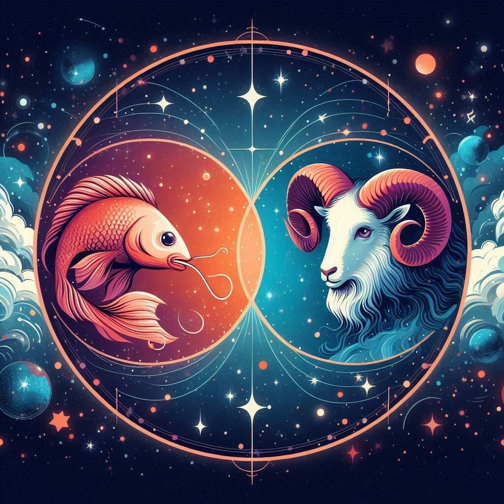 Imagen en la que aparece un pez (símbolo del signo Piscis) y un carnero (signo del signo Aries) con un fondo estrellado. La imagen ilustra el signo Piscis con ascendente Aries.