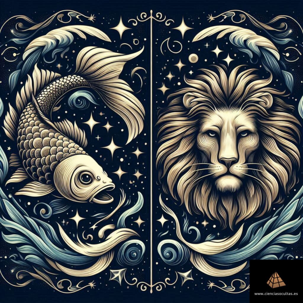 Infografía que muestra a la izquierda un pez (representando el signo zodiacal piscis) y a la derecha un león (representando al signo zodiacal leo) con un fondo estrellado. La imagen trata de ilustrar la combinación astrológica Piscis ascendente Leo.