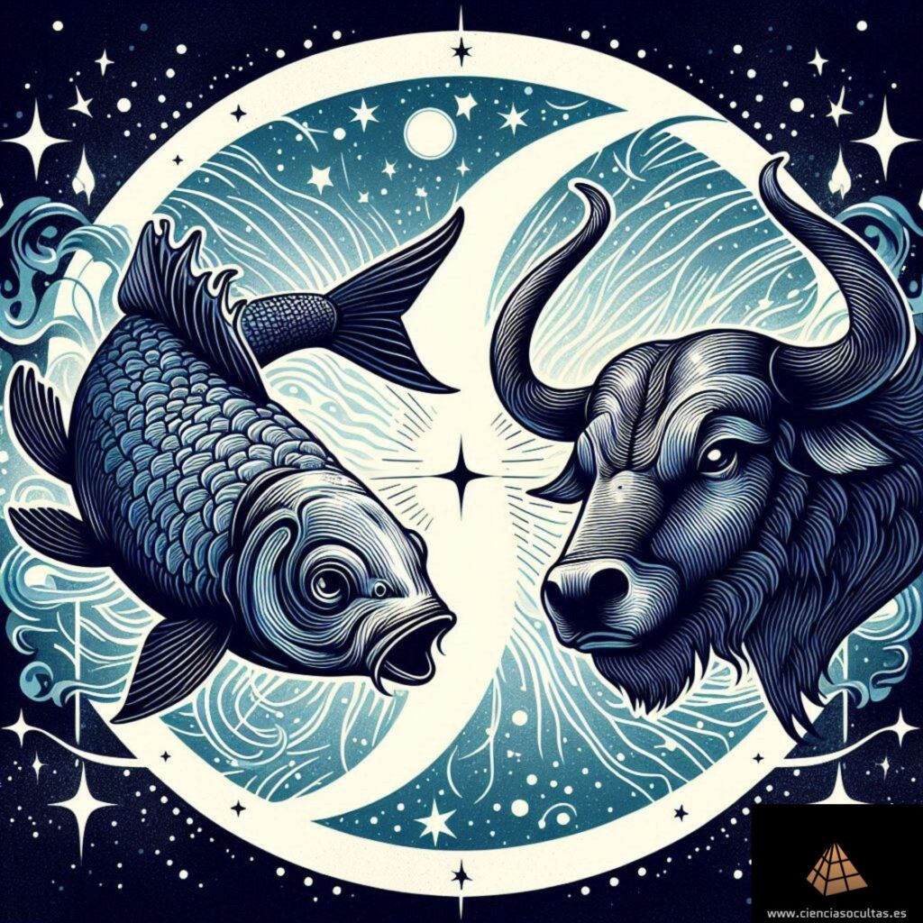 Ilustración en la que se ve a la derecha el pez (representando al signo zodiacal Piscis) y a la izquierda al toro (representando al signo zodiacal Tauro) con un fondo estrellado. La imagen en su conjunto plasma la combinación Piscis ascendente Tauro.