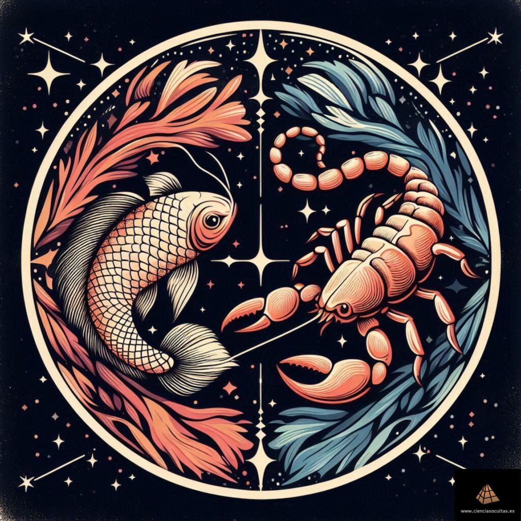 Ilustración que muestra a la izquierda un pez (representando al signo zodiacal Piscis) y a la derecha un escorpión (representando al signo solar Escorio) con un fondo estrellado. La imagen trata de representar a la combinación astrológica formada por Piscis ascendente Escorpio.