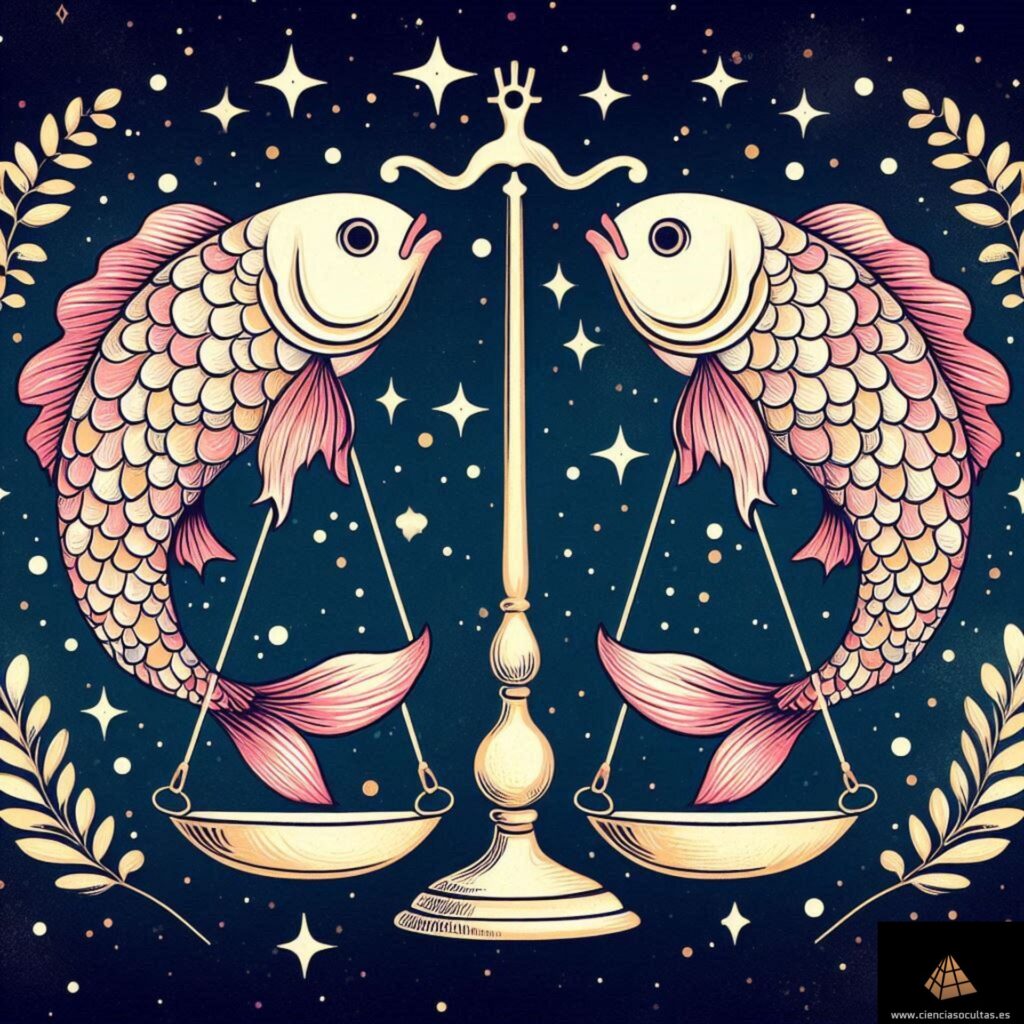 Ilustración en la que aparecen dos peces, uno a cada lado (símbolos del signo zodiacal Piscis) y en el centro una balanza (símbolo del signo zodiacal Libra) con un fondo estrellado. Todo en conjunto trata de representar a la combinación astrológica Piscis ascendente Libra.