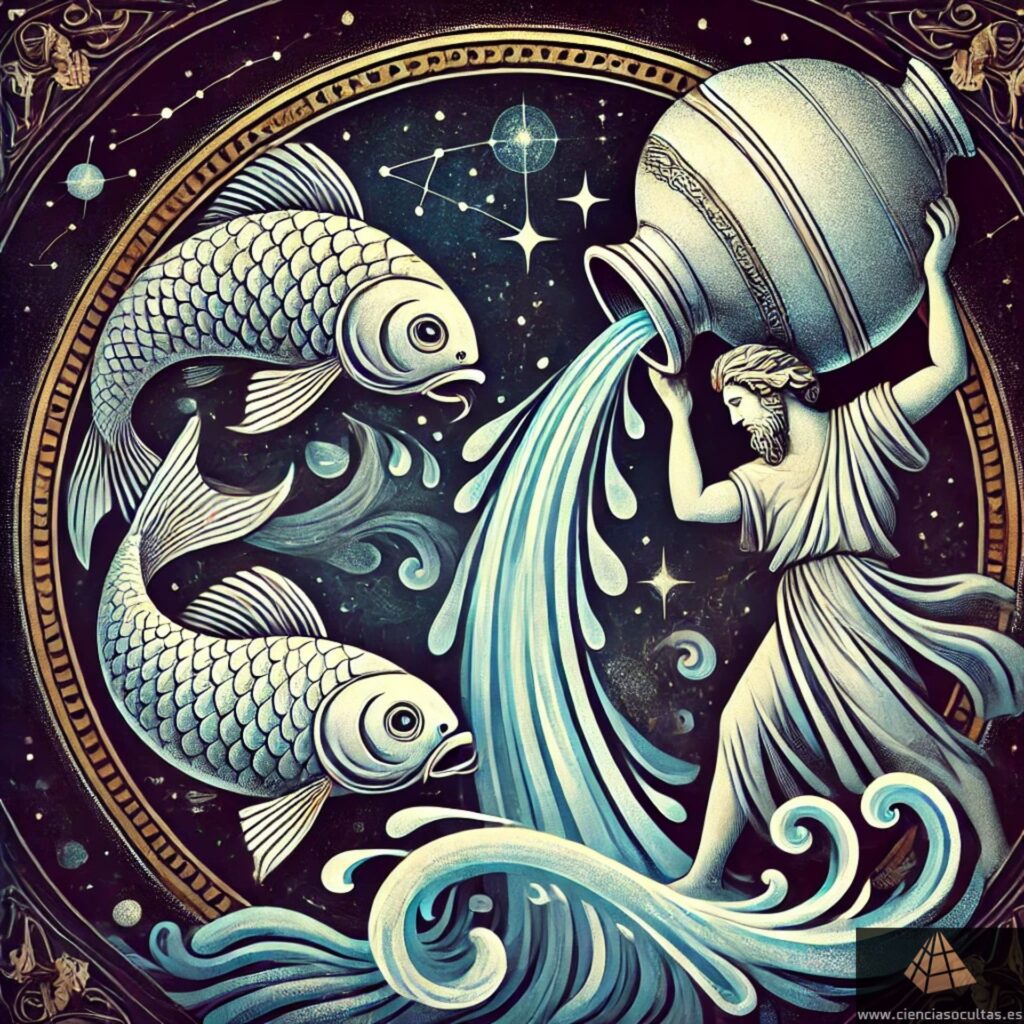 Ilustración donde aparecen a la izquierda dos peces (simbolizando al signo Piscis) y el aguador a la derecha (símbolo del signo zodiacal Acuario) con un nocturno estrellado. Todo ello  para representar la combinación Piscis ascendente Acuario.