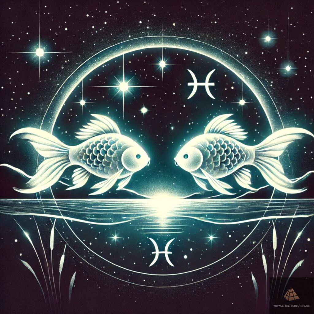 Personalidad de Piscis ascendente Piscis. Ilustración en la que aparece un pez a la derecha y otro a la izquierda, mirándose de frente sobre un fondo nocturno estrellado. La imagen trata de representar la combinación zodiacal Piscis con ascendente Piscis.