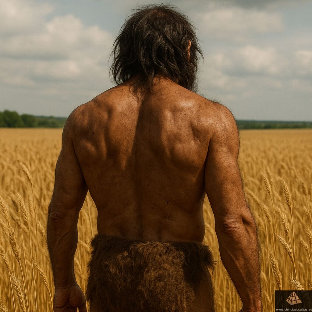 ¿Fueron los Anunnaki quiénes enseñaron la agricultura a los primeros humanos? Imagen de un homo sapiens de espaldas en un campo de cereales.