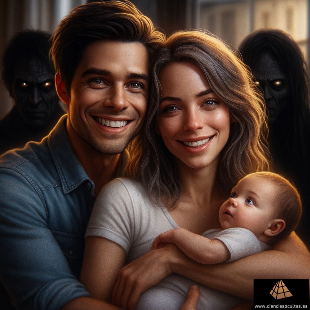 Cuento de terror, "El precio del Despertar" Una imagen de una pareja joven sonriente, formada por un hombre y una mujer, con un bebé en brazos de ella. Tras ambos, dos sombras terroríficas con semblante perturbador y ojos brillantes.