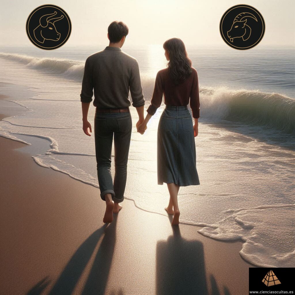 Tauro y Capricornio dos signos de tierra altamente compatibles. Una imagen donde se ve a una pareja joven (hombre mujer) de espaldas caminando por la playa cogidos de la mano. En la parte superior los símbolos de los signos Tauro y Capricornio.