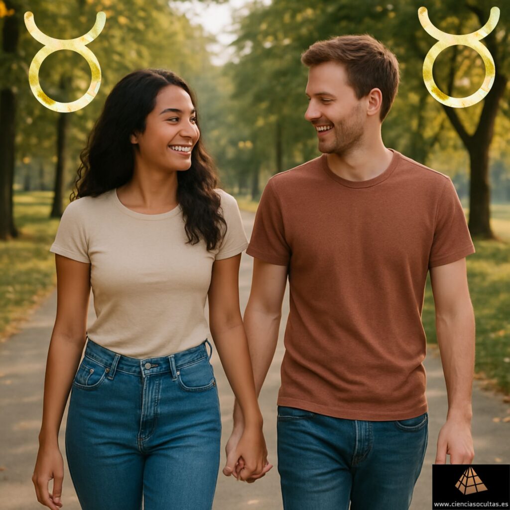 ¿Qué tan compatibles son Tauro y Tauro en el amor? Imagen de una pareja joven formada por un chico (derecha) y una chica (izquierda) paseando felices cogidos de la mano. En la parte superior un signo de Tauro a cada lado.