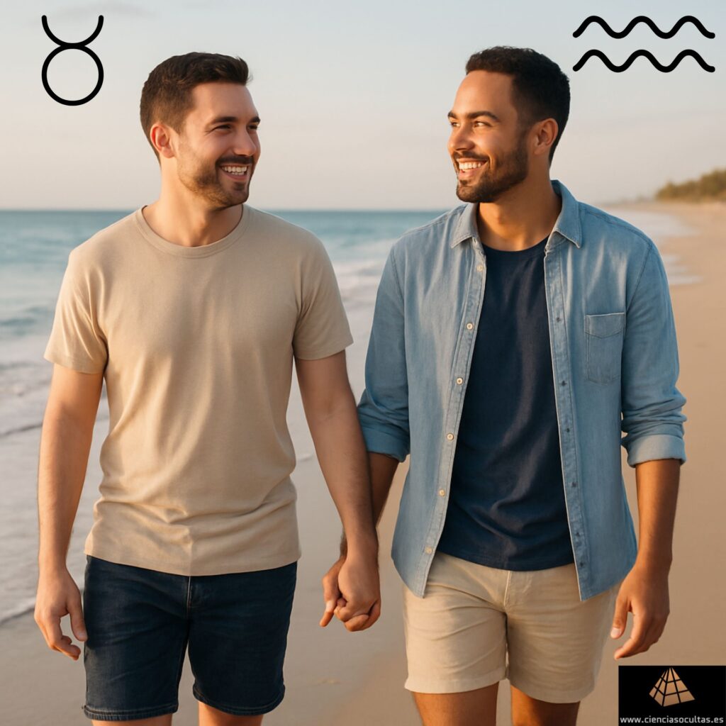 ¿Existe compatibilidad entre Tauro y Acuario? Una pareja formada por dos chicos de unos 30 años paseando sonrientes y cogidos de la mano por una playa. En la parte superior izquierda el símbolo del signo zodiacal Tauro, la parte superior derecha el símbolo del signo zodiacal Acuario.