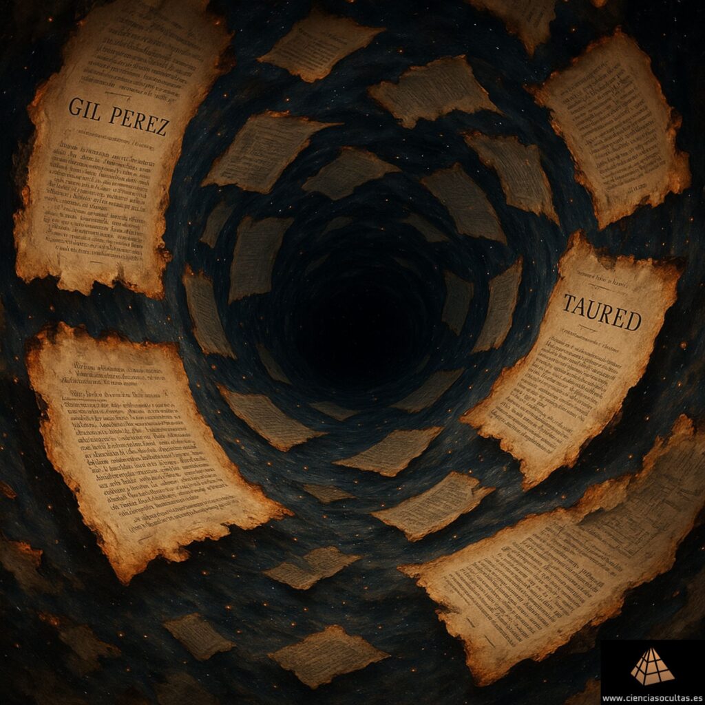 ¿Es posible la teletransportación? ¿Son reales los casos conocidos? Imagen de un túnel espacial con paredes de archivos históricos quemados (Gil Pérez, Taured...) flotando en el vacío.