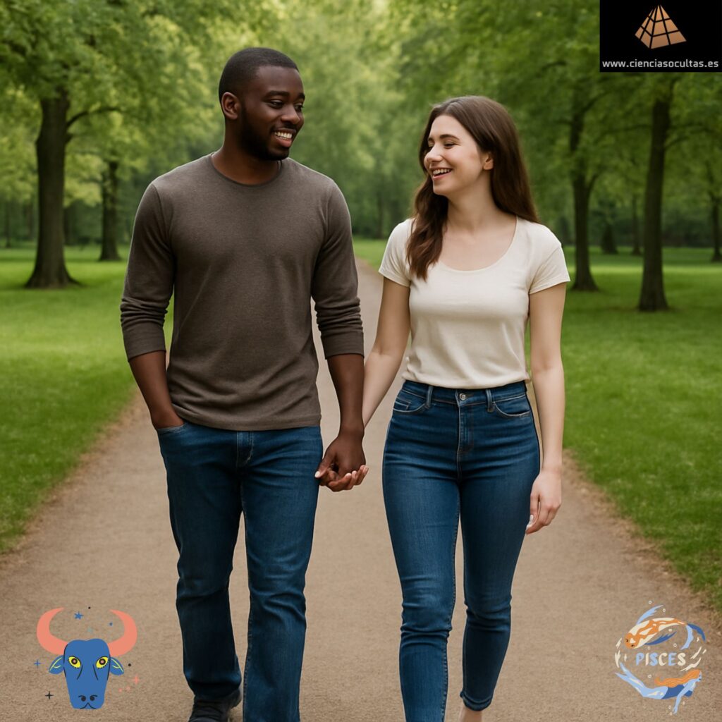 Imagen de una pareja interracial formada por un hombre y una mujer caminando de la mano por un parque. En la parte superior izquierda el símbolo del signos zodiacal Tauro y en la parte superior izquierda el símbolo del signos zodiacal Piscis.