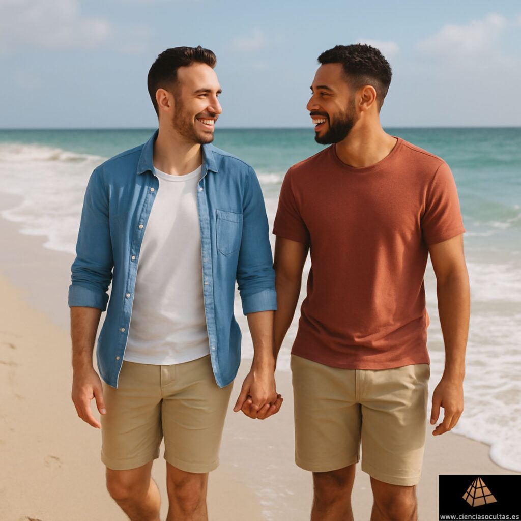 Imagen de una pareja formada por dos hombres jóvenes paseando cogidos de la mano por la playa. Ambos pertenecen al signo zodiacal Géminis.
