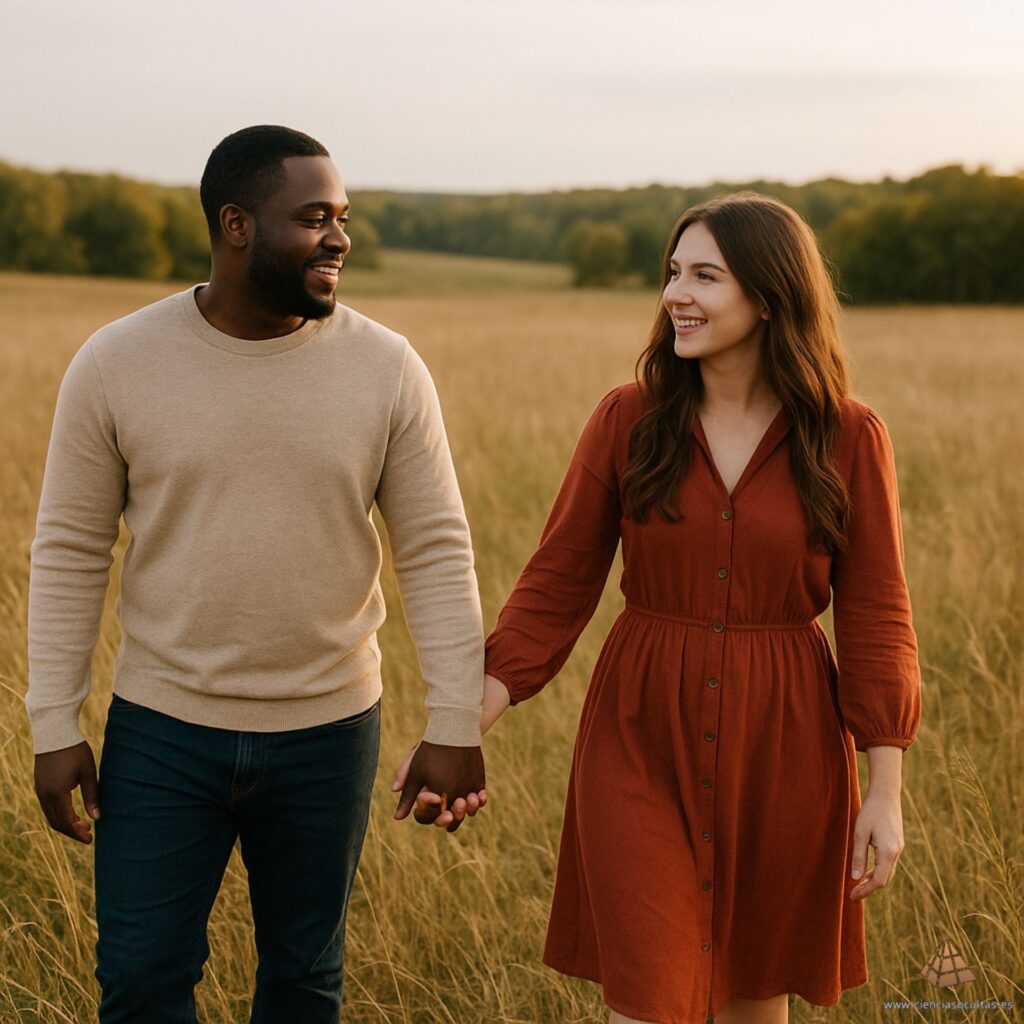 Géminis y Virgo compatibilidad en el amor y las relaciones Pareja caminando de la mano en un campo al atardecer, representando la conexión y la compatibilidad entre Géminis y Virgo en el amor.