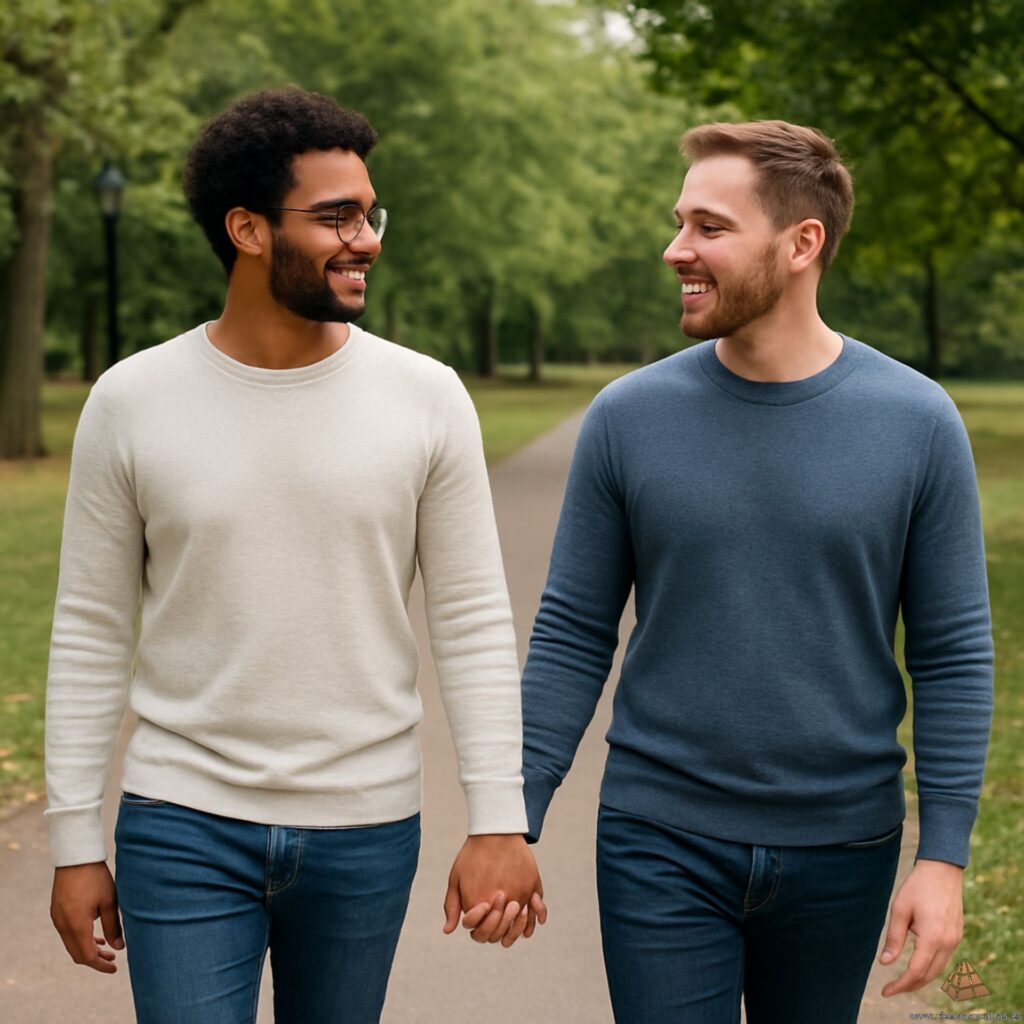 Pareja formada por dos hombres caminando de la mano en un parque, representando la armonía y compatibilidad entre los signos zodiacales Géminis y Libra en el amor. Dos hombres caminando cogidos de la mano en un parque, simbolizando la conexión romántica y compatibilidad entre Géminis y Libra.
