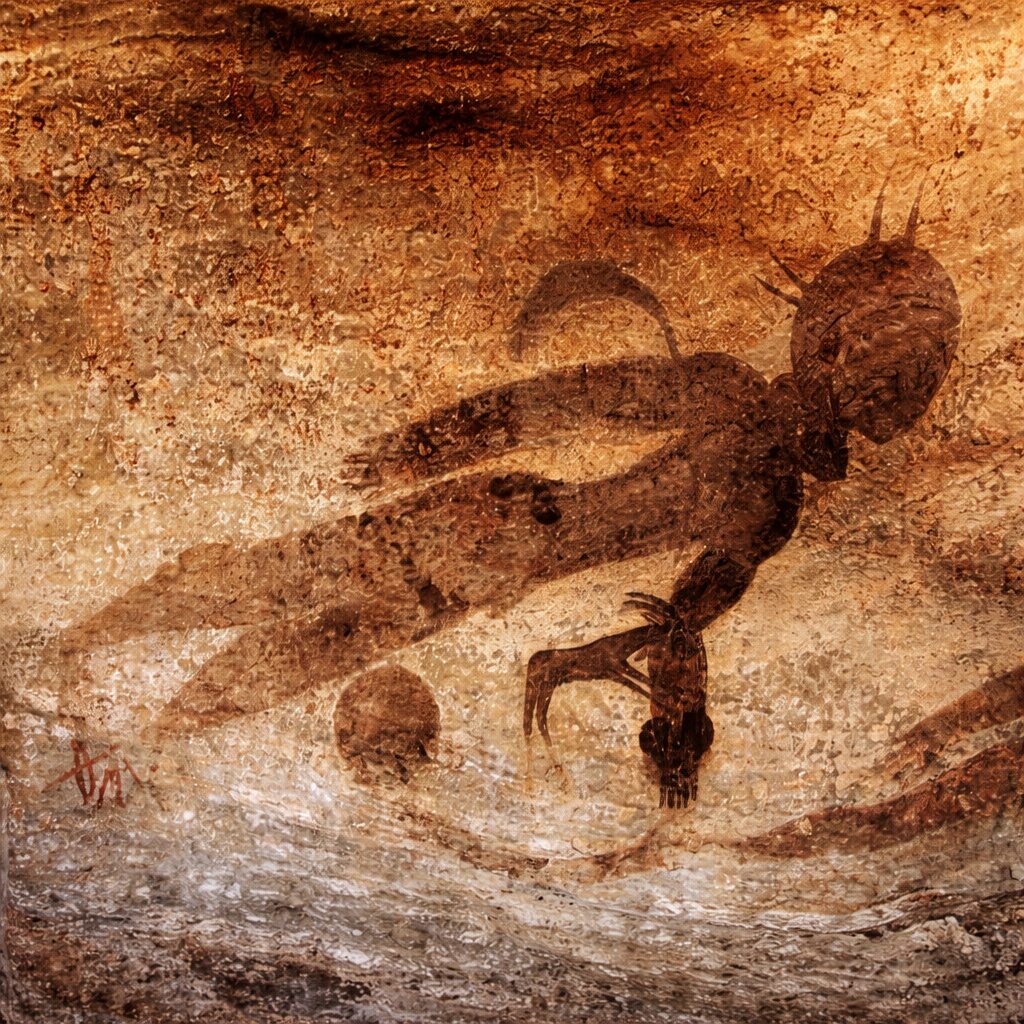 El Dios Marciano de Tassili n'Ajjer. Pintura rupestre del Dios Marciano en Tassili n'Ajjer relacionada con la teoría de los extraterrestres en la antigüedad.