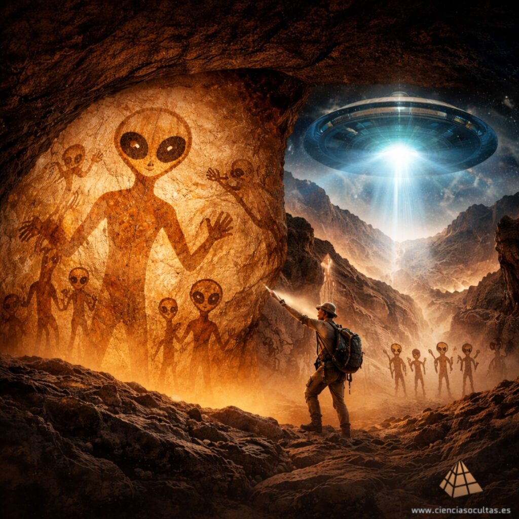 Pinturas rupestres que muestran figuras humanoides asociadas a la teoría de los extraterrestres en la antigüedad.