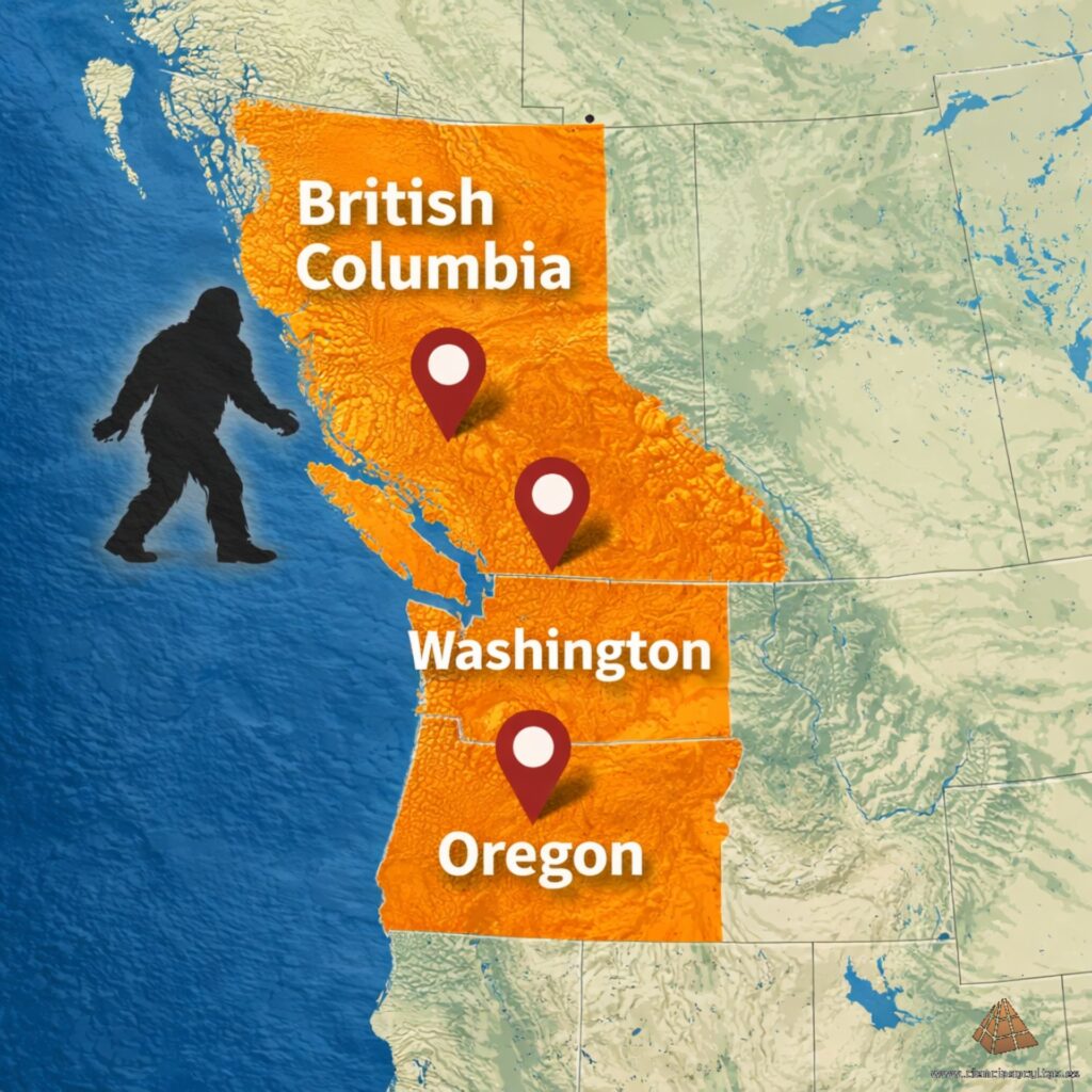 Mapa de avistamientos de Bigfoot en Washington, Oregón y Columbia Británica Mapa del noroeste de Estados Unidos y Canadá con zonas de avistamientos de Bigfoot en Washington, Oregón y Columbia Británica.