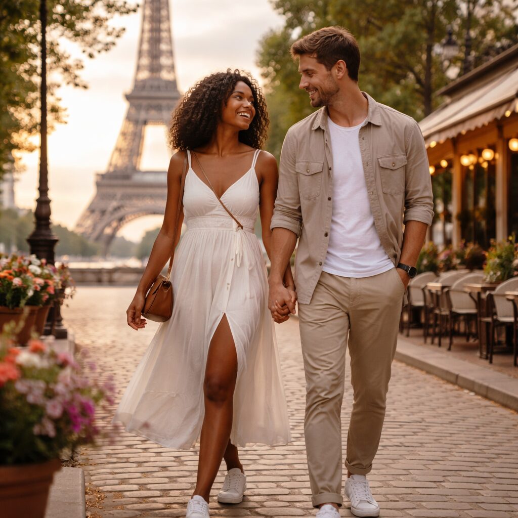 Pareja caminando de la mano por París que simboliza la compatibilidad entre Géminis y Escorpio en el amor.