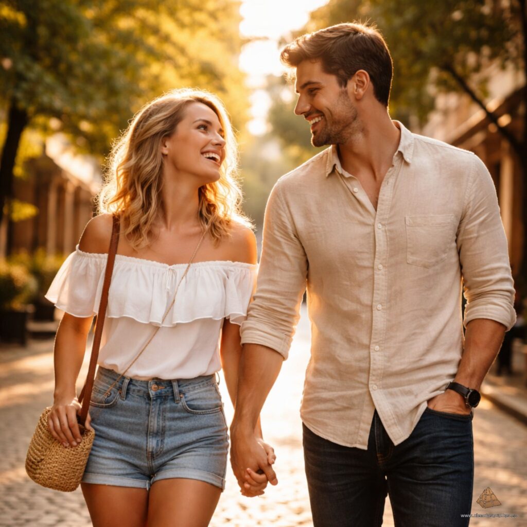 Imagen ilustrativa de una pareja paseando mientras conversa y sonríe. Representa la relación entre Géminis y Capricornio en astrología, una combinación donde la curiosidad geminiana se encuentra con la estabilidad y ambición de Capricornio.