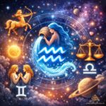 Signos más compatibles con Acuario en el amor: Géminis, Libra y Sagitario representados en ilustración zodiacal.