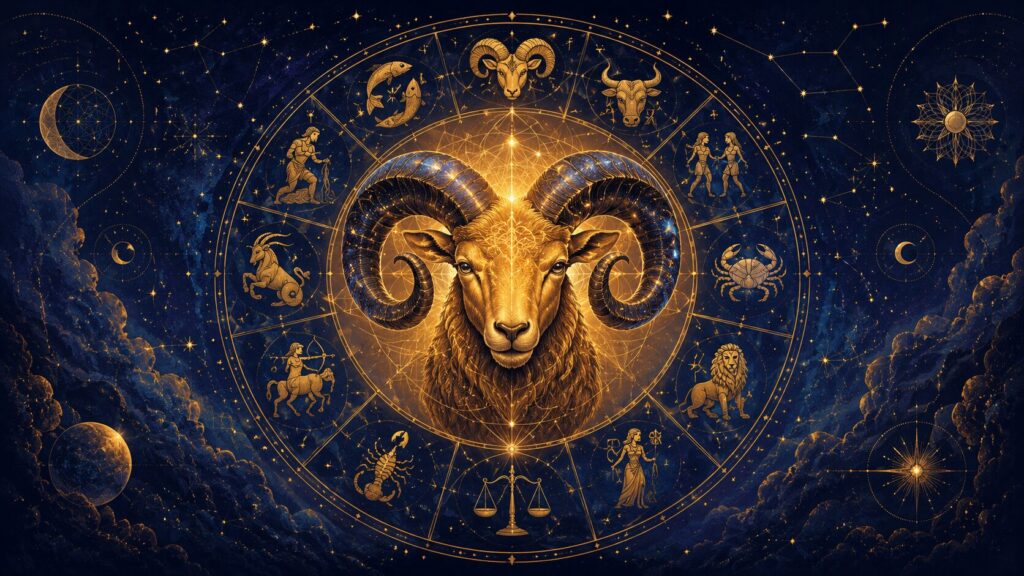 Carnero dorado de Aries en el centro de una rueda zodiacal
con los 12 signos del zodiaco sobre fondo de cielo estrellado