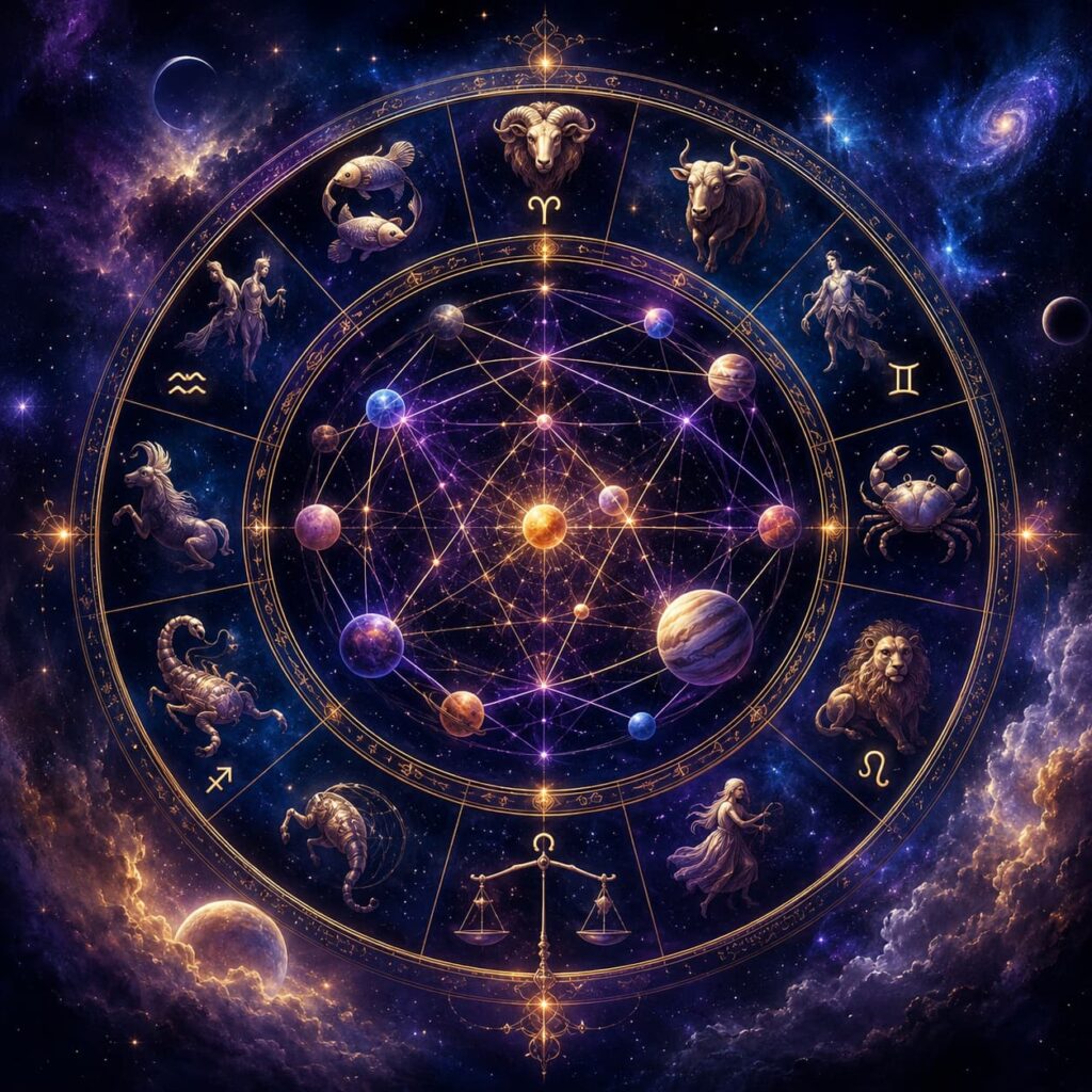Ilustración de una carta astral con los signos del zodiaco y planetas