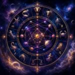 Ilustración de una carta astral con los signos del zodiaco y planetas