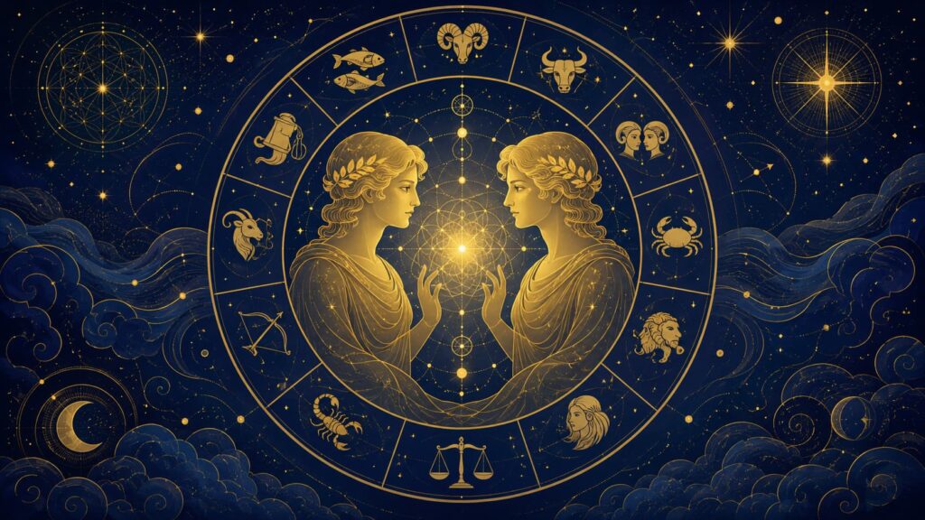 Gemelos dorados de Géminis en el centro de una rueda zodiacal con los 12 signos del zodiaco sobre fondo de cielo estrellado
