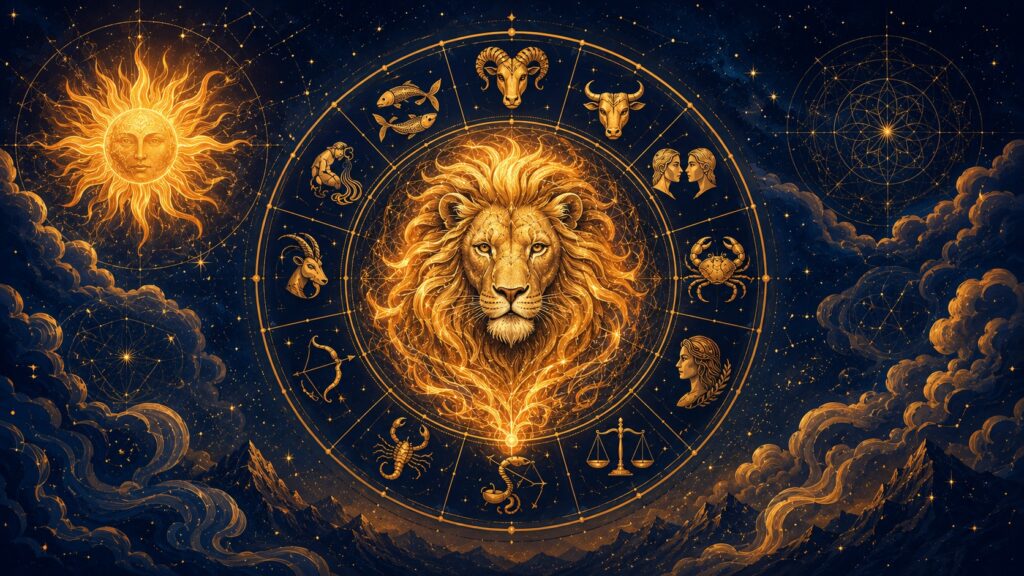 León dorado de Leo en el centro de una rueda zodiacal con los 12 signos del zodiaco sobre fondo de cielo estrellado
