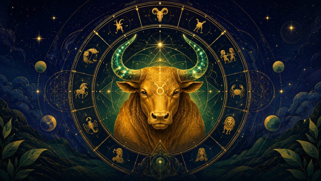 Toro dorado de Tauro en el centro de una rueda zodiacal con los 12 signos del zodiaco sobre fondo de cielo estrellado