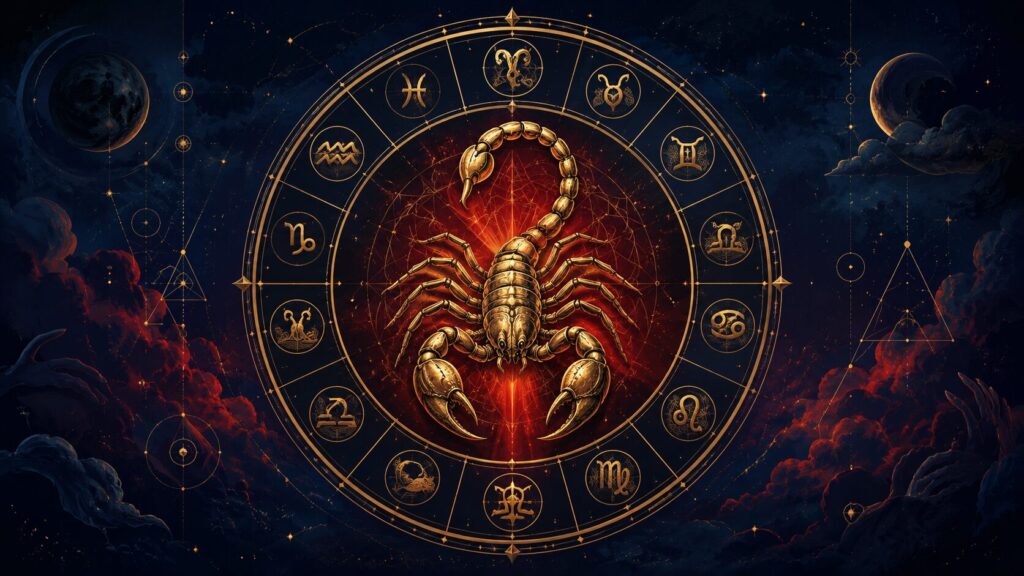 alternativo Escorpión dorado de Escorpio en el centro de una rueda zodiacal con los 12 signos del zodiaco sobre fondo de cielo estrellado
