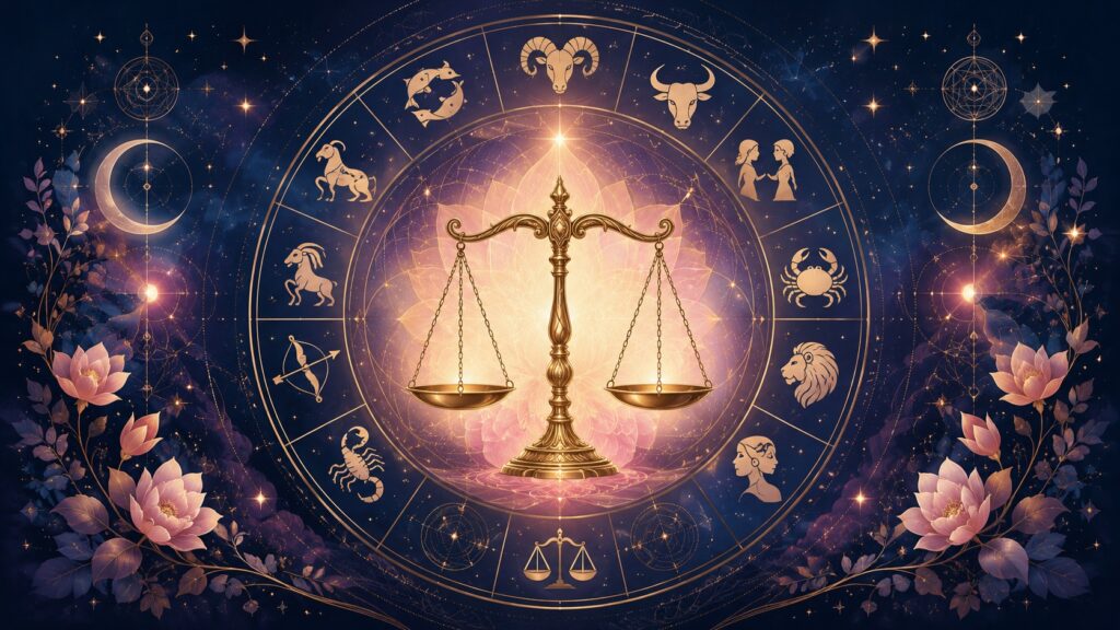 Balanza dorada de Libra en el centro de una rueda zodiacal con los 12 signos del zodiaco sobre fondo de cielo estrellado.