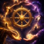 Ilustración simbólica del karma con la rueda del dharma y flujo de energía cósmica