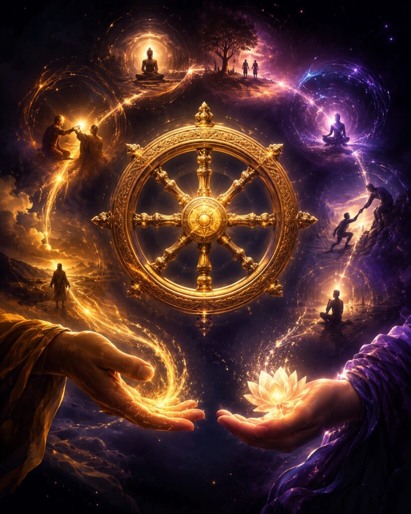 Ilustración simbólica del karma con la rueda del dharma y flujo de energía cósmica