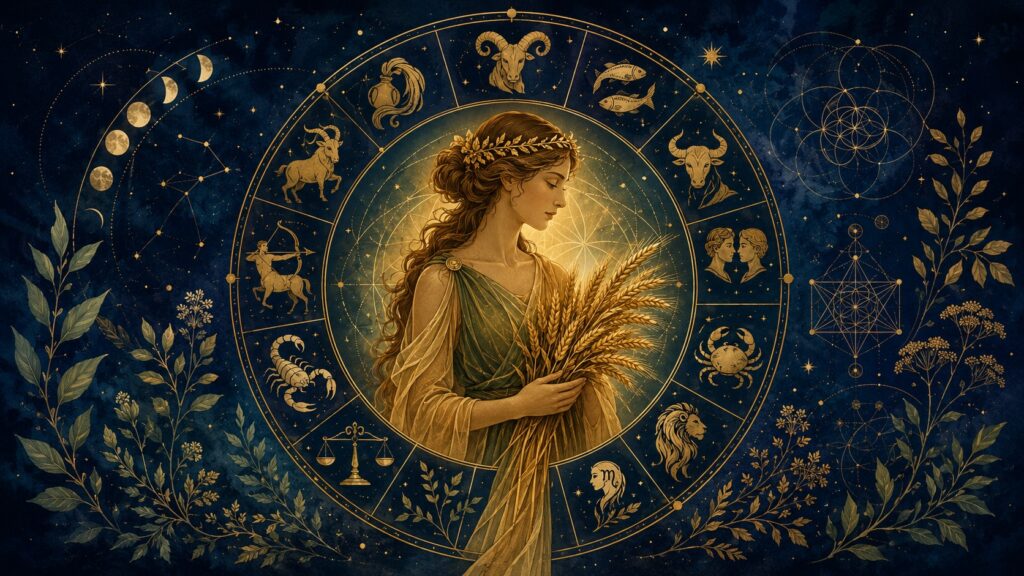 Doncella dorada de Virgo en el centro de una rueda zodiacal con los 12 signos del zodiaco sobre fondo de cielo estrellado