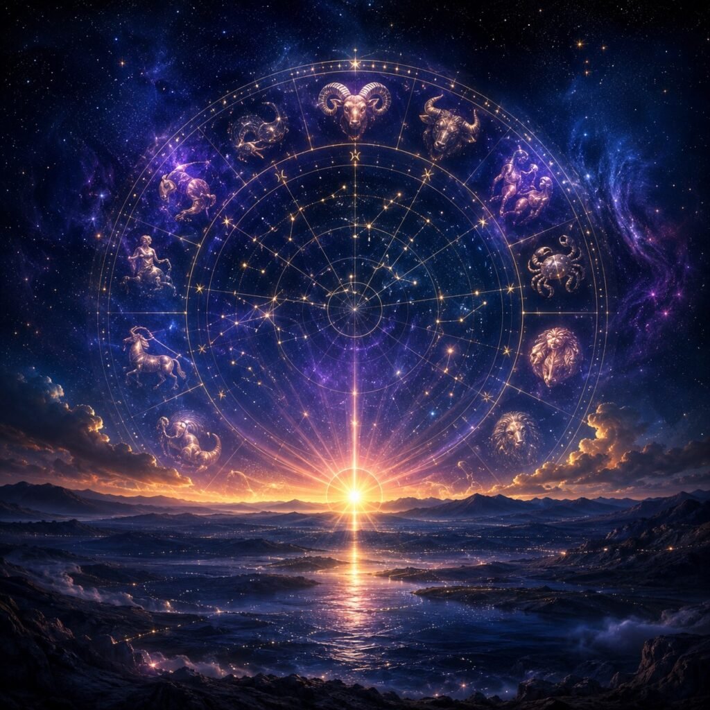 Ilustración astrológica del ascendente con la rueda zodiacal elevándose sobre el horizonte este.
