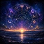 Ilustración astrológica del ascendente con la rueda zodiacal elevándose sobre el horizonte este.