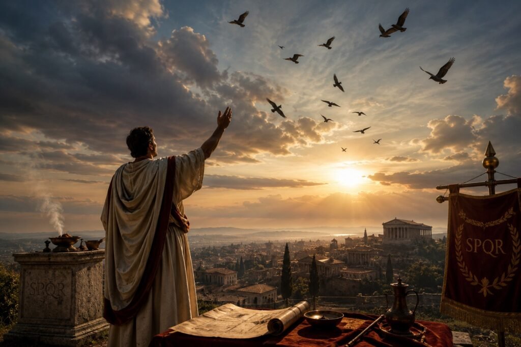 Augur romano observando el vuelo de las aves para interpretar un auspicio