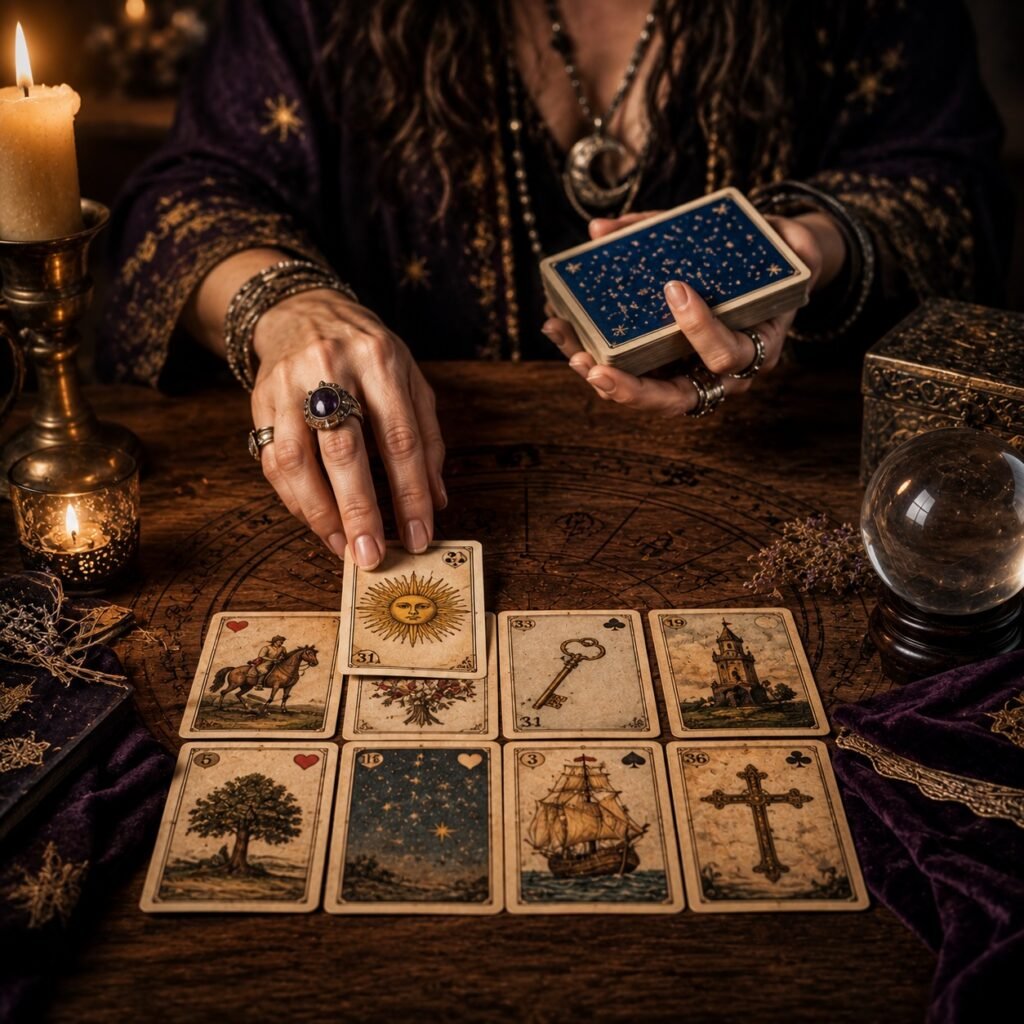 Cartomancia y adivinación mediante cartas del Tarot sobre una mesa esotérica.