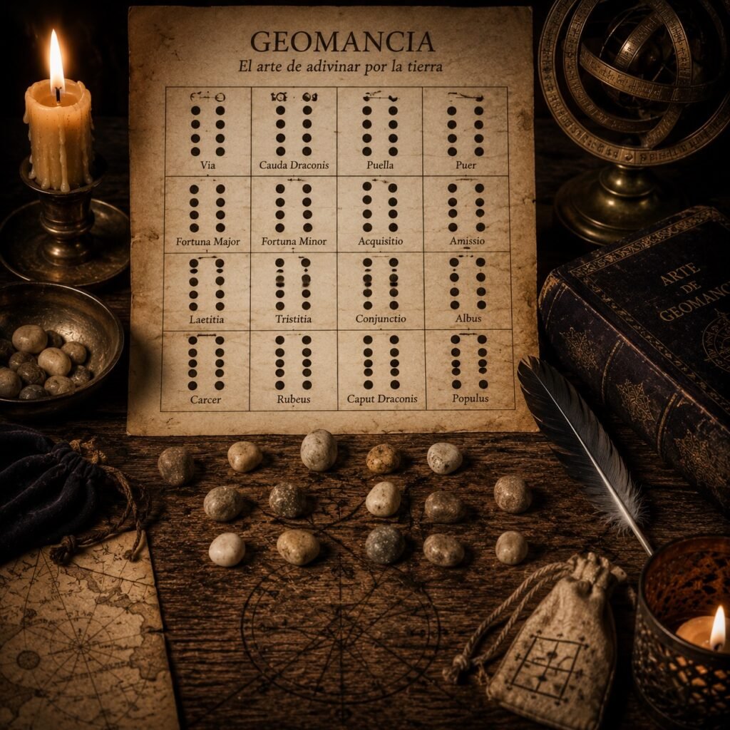 Geomancia, arte adivinatorio mediante piedras, tierra y figuras de puntos.