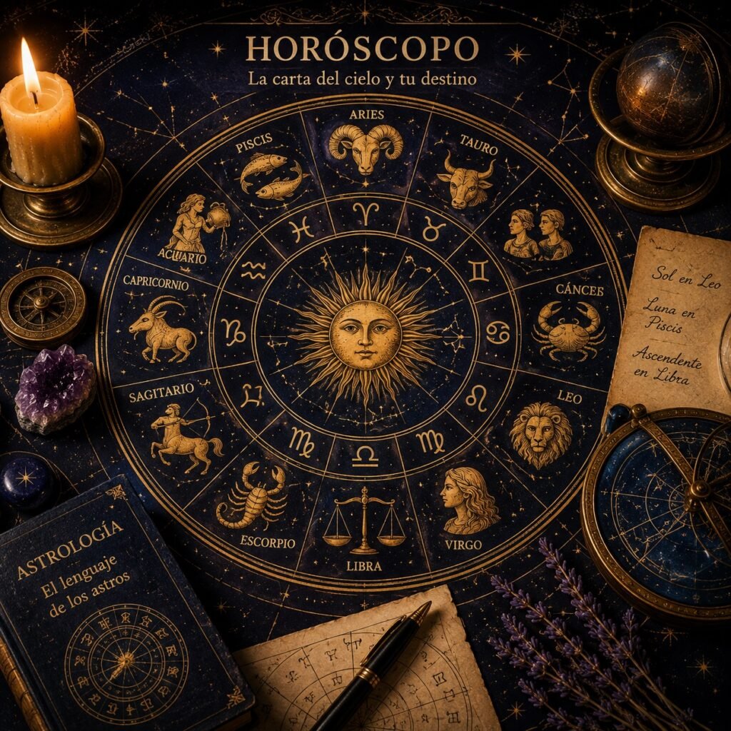 Horóscopo con los doce signos del zodiaco y carta astral rodeados de símbolos celestes.