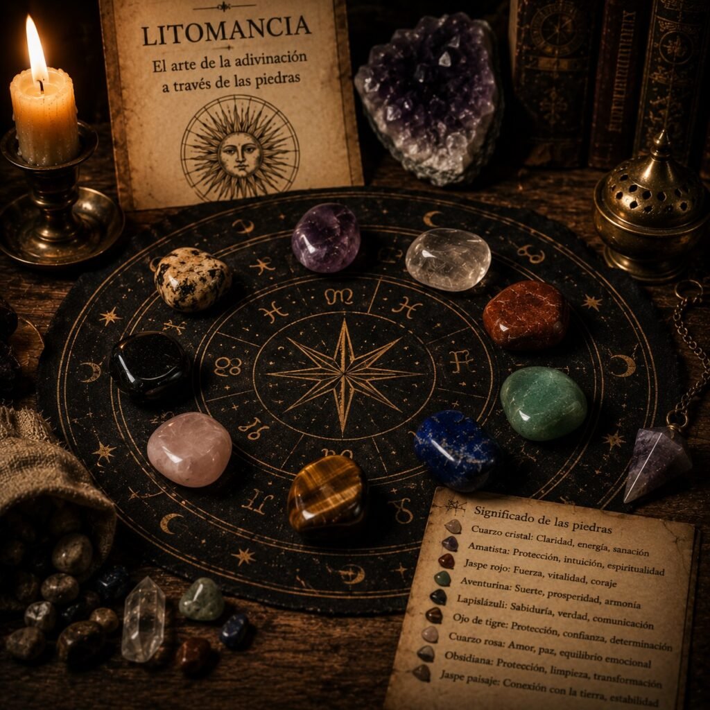 Litomancia: adivinación mediante piedras y cristales dispuestos sobre un círculo simbólico.