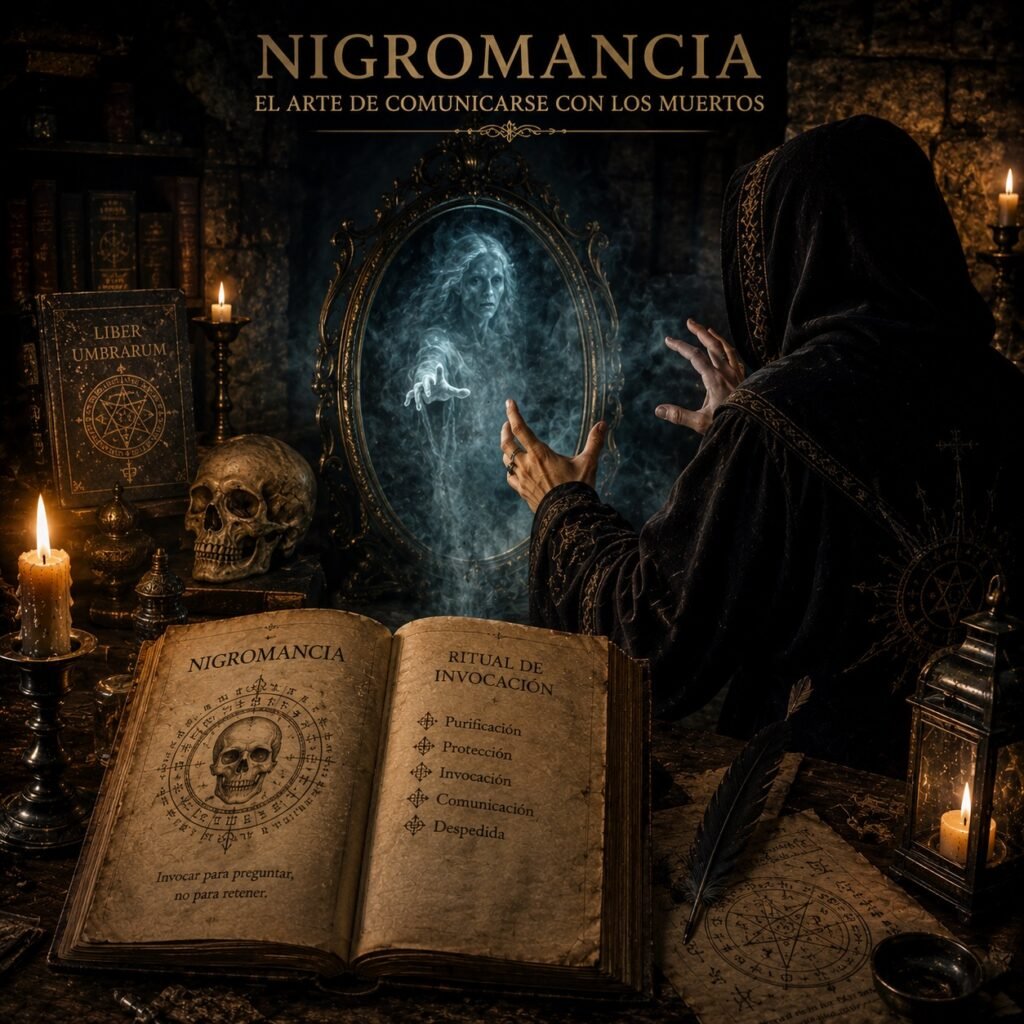 Nigromancia: nigromante realizando un ritual para comunicarse con los muertos ante un espejo.