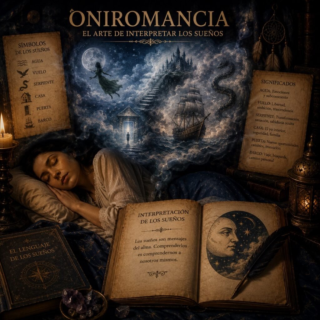 Oniromancia: interpretación de los sueños mediante símbolos y escenas del mundo onírico.