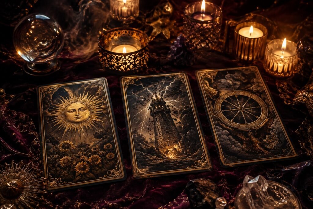 Ilustración de una tirada de cartas del tarot con arcanos mayores sobre terciopelo oscuro con luz de velas