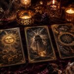 Ilustración de una tirada de cartas del tarot con arcanos mayores sobre terciopelo oscuro con luz de velas