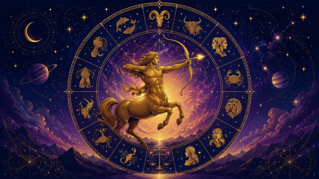 Centauro dorado de Sagitario en el centro de una rueda zodiacal con los 12 signos del zodiaco sobre fondo de cielo estrellado